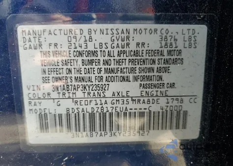 2019 Nissan Sentra S z USA, uszkodzony, nr VIN 3N1AB7AP3KY235927